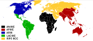 English: Regional Internet Registries world ma...